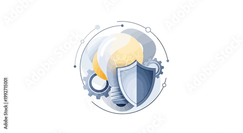 Conceptual digital illustration featuring a glowing lightbulb protected by a shield, set against a clean white background with intricate line work and soft, muted colors to give a secure