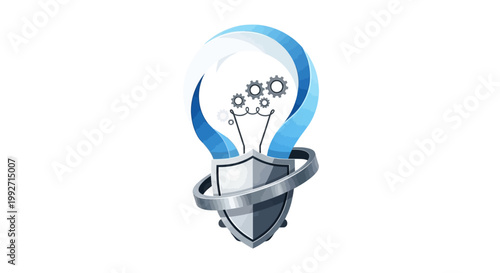 A stylized logo featuring a blue and white lightbulb containing gears above a shield, encircled by a silver ring, set against a clean white backdrop, creating a modern and innovative visual