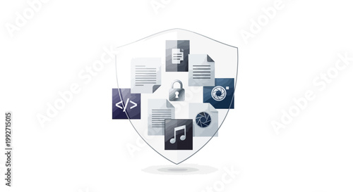 Conceptual graphic illustration shows layered digital files protected by a shield with a padlock, set against a clean white background, conveying data security in a modern, minimalist