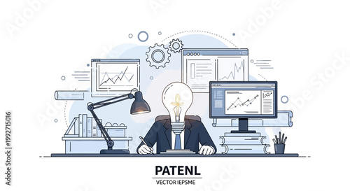 Illustration of a businessman with a lightbulb head working at a desk with charts on the computer screen in a bright, modern office with a minimalist aesthetic and conveying an innovative