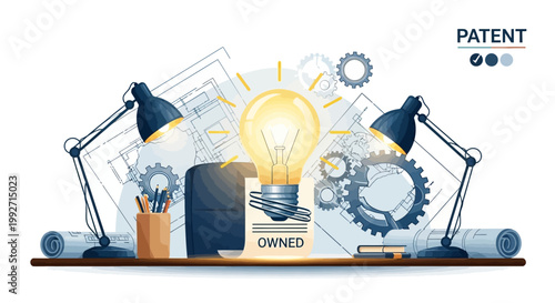 A warmly illuminated lightbulb sits centrally on a desk amid blueprints, mechanical gears, and drafting tools, flanked by adjustable lamps, conveying an innovative mood and a patent concept