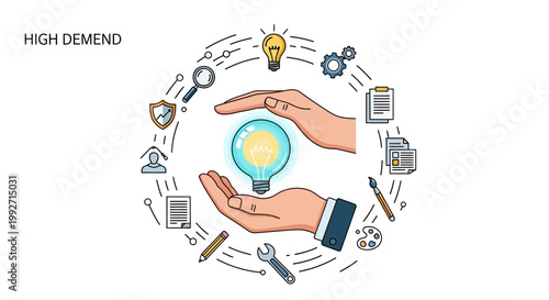 Against a white backdrop, two hands protectively surround a glowing light bulb, symbolizing innovation and ideas, encircled by various icons in a flat lay style, conveying a concept
