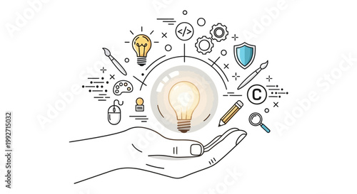 Line art illustration of a hand holding a glowing light bulb, surrounded by design and development icons against a clean white background, creating a conceptual image with a bright