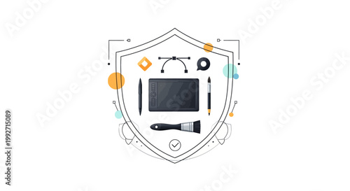 Flat lay illustration displays digital art tools organized within a shield shape, featuring a graphic tablet and brush against a white background, with a clean and modern design aesthetic
