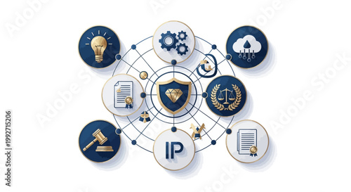 Detailed digital illustration featuring a central shield icon surrounded by law, technology, and innovation symbols connected by a geometric network, all set against a clean, bright white