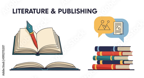 Illustrative graphic of an open book with a quill pen, stacked books, and a speech bubble containing images, set against a clean white background with a vibrant, educational mood