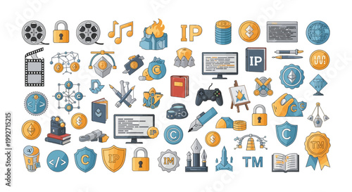 A flat lay of intellectual property icons shows a collection of vector images depicting copyright law, trademark protection, and patent rights, arranged against a white background
