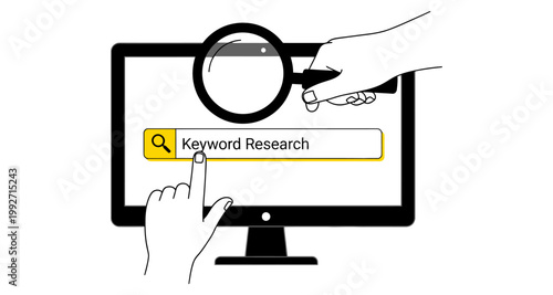 Hand using magnifying glass over computer screen searching for keyword research during online marketing analysis