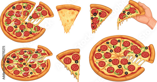 Collection of pizza slices and whole pies vector illustrations with pepperoni cheese olives and hand holding slice food set