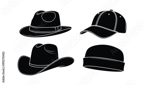 Illustration of four different types of hats: cowboy, fedora, baseball cap, and beanie, isolated on white background.