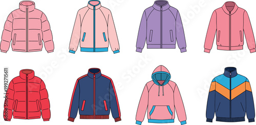 Set of winter jackets and hoodies vector illustrations in different styles warm clothing fashion outerwear collection