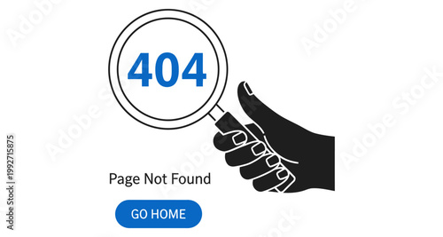 Magnifying glass showing 404 error with hand and go home button