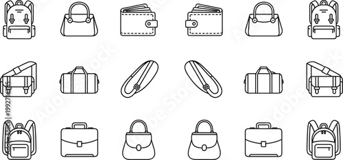 Bag and wallet icons set backpacks handbags luggage accessories vector illustration collection modern line design