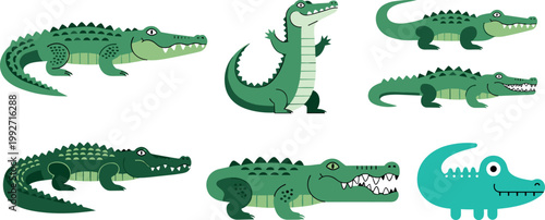 Collection of cartoon crocodile vector illustrations in various poses cute and fierce alligator reptile characters animal set