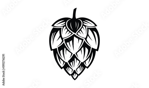 Detailed black and white illustration of a hop cone, essential for brewing, showcasing intricate line work and texture, perfect for beer-related designs.