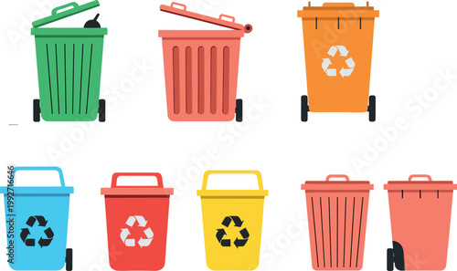 Set of colorful wheeled recycling bins and trash containers with lids isolated on white background eco waste management vector