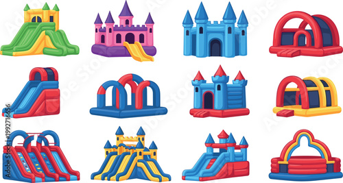 Set of colorful inflatable playground bounce houses and slides for kids amusement park party entertainment isolated vector collection
