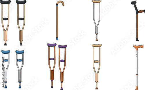 Medical crutches and walking cane collection isolated mobility aids set for injury recovery, rehabilitation support, and healthcare equipment illustration