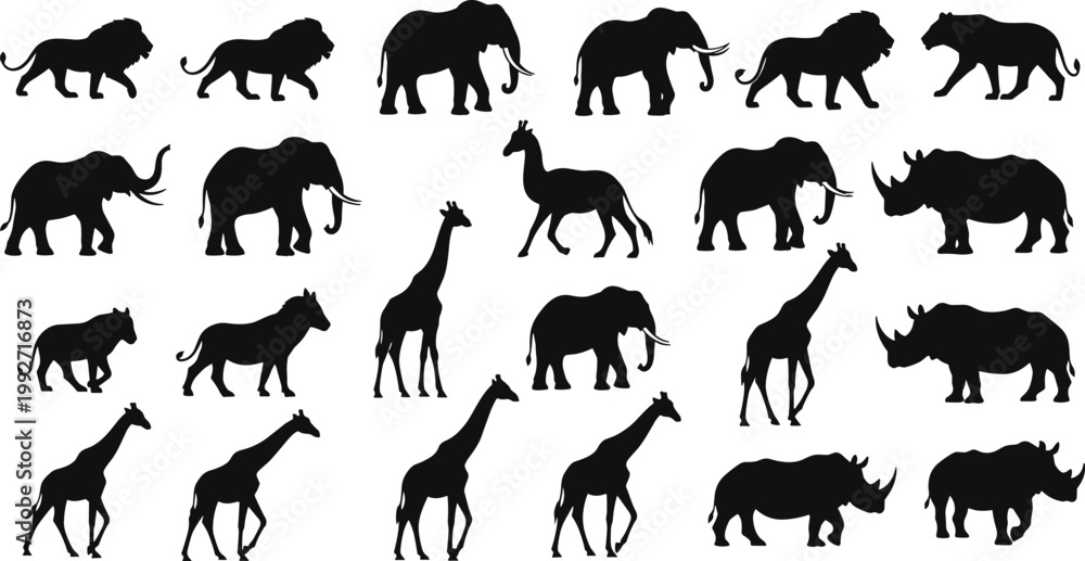 Obraz premium African Wildlife Safari Animal Silhouette Vector Set Including Lion Elephant Giraffe Rhino and Tiger Profiles for Nature Conservation Zoo and Travel Design Projects