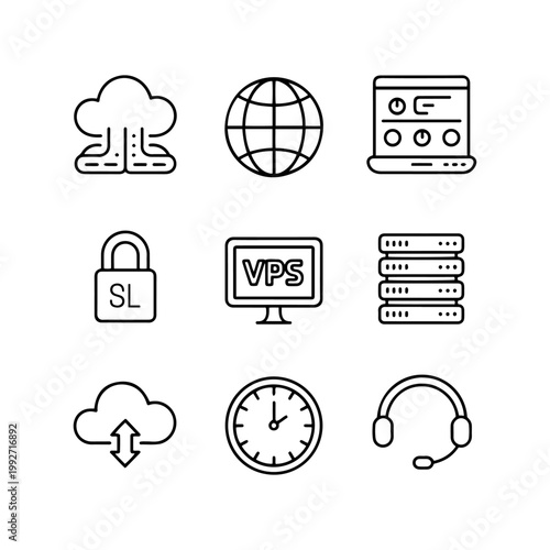 Cloud computing and web hosting icons set, 9 linear vector elements for VPS and server technology, network security and data storage symbols
