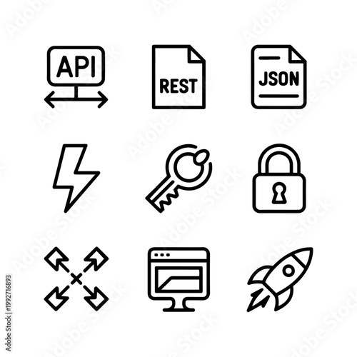 Software development API and REST icons set, 9 programming and data transfer vector elements, JSON and backend coding line art symbols