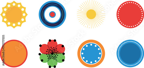 Abstract circle shapes set with decorative patterns, colorful geometric round elements collection for modern design, vector illustration