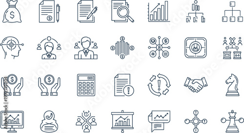 Business finance line icons set analytics management teamwork strategy symbols vector illustration collection modern design