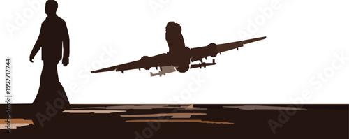 Man walking silhouette at airport with airplane takeoff at sunset 3D illustration travel concept