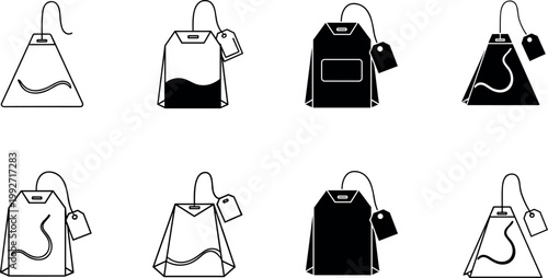 Tea bags collection with different shapes and labels, black and white beverage icons set, minimal vector illustration