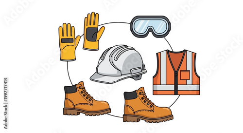 Celebrating World Day for Safety and Health at Work, a flat lay illustration showcases essential personal protective equipment, including boots, gloves, a hard hat, safety glasses