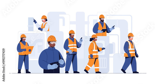 Celebrating World Day for Safety and Health at Work, a diverse group of engineers and construction workers wearing safety vests and hardhats stand against an abstract industrial pipeline