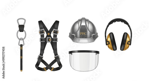 In observance of World Day for Safety and Health at Work, a flat lay displays essential construction safety equipment against a clean white background, including a harness, helmet, face