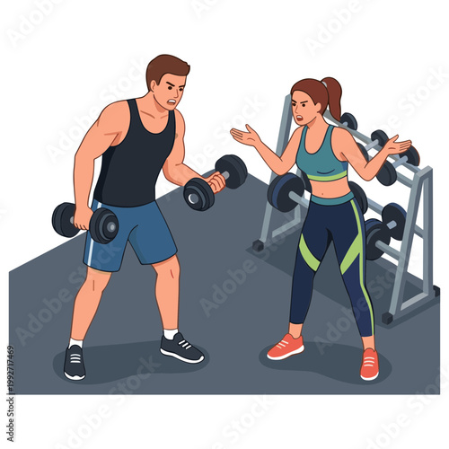 Man and woman exercising with dumbbells at the gym together actively