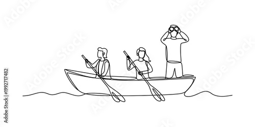 Continuous line art illustration of a small group of three people enjoying a fun adventure in a boat while rowing and using binoculars to observe nature on a calm lake during a peaceful summer day. Ve