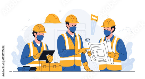Celebrating World Day for Safety and Health at Work, three construction workers wearing masks and yellow vests review blueprints in a bright, flat lay composition, emphasizing safe labor