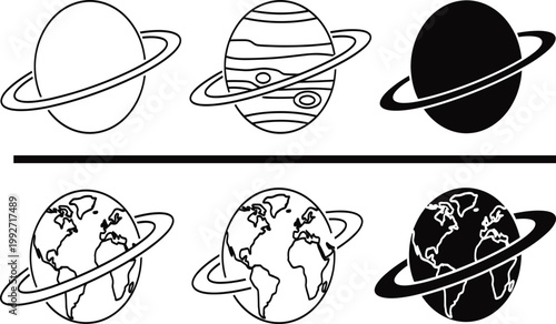 Stylized planetary collection a black and white line art representation of planets with rings