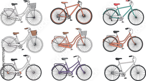 City bicycles collection with different styles and colors, urban transport bikes set for commuting and leisure, vector illustration