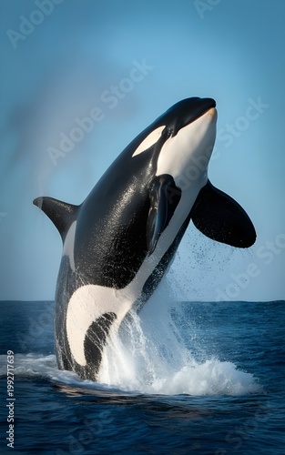A majestic marine mammal jumps from the blue ocean water, creating a wild splash as the dolphin or killer whale showcases its black and white fins while swimming in nature