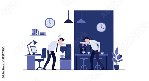 Two weary office employees dressed in professional white shirts and ties lean against their coffee machines in a dimly lit blue workspace setting.