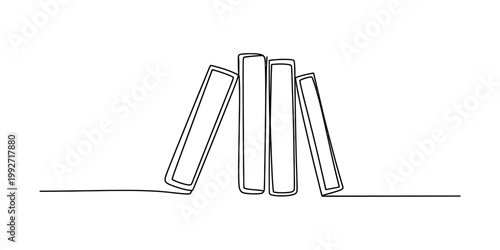 A minimalist and artistic continuous single line drawing of a small stack of four books standing upright together on a flat surface representing the concept of reading study knowledge and literature a