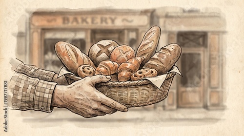 Hand Holding Bakery Goods,Artisan Bread To Go,Fresh Pastry Takeaway Moment, Freshly Baked Goods from a Bakery Basket