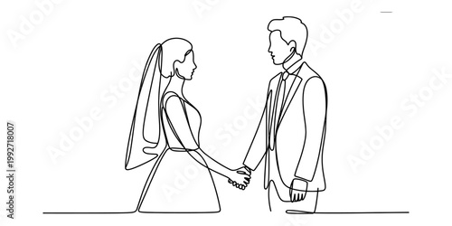 A minimalist single continuous line art drawing of a bride and groom standing facing each other while holding hands in a formal wedding ceremony pose created with black ink on a plain white background