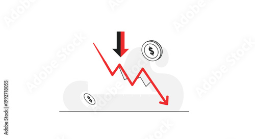 A dramatic red line graph plunges downward across a black grid while a large directional arrow and silver dollar coins emphasize a significant financial market decline.
