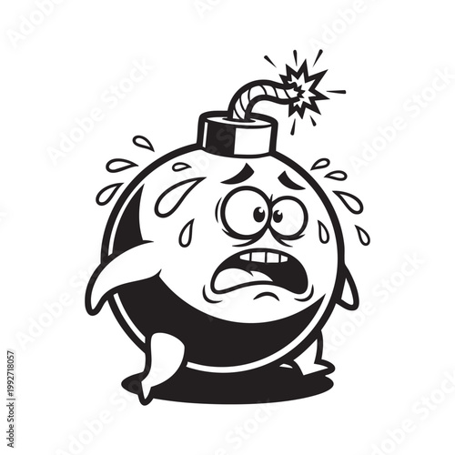 Anxious bomb with a frightened expression running away from an ignited fuse silhouette high quality professional