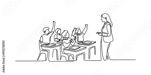 A beautiful continuous line drawing illustration showing a teacher standing in a classroom while multiple school children sit at their desks with their hands raised to answer a question during a lesso