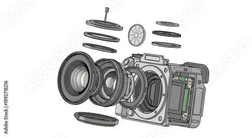 Detailed exploded view illustrates the inner workings of a modern digital camera with its lens and internal components floating in a precise arrangement against a clean white background