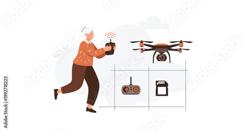 A modern elderly woman with grey hair and a warm orange sweater skillfully operates a high-tech black drone using a handheld remote control device.