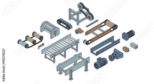 Isometric illustration displaying various conveyor belt components and machinery parts arranged on a clean white background, rendered with precise lines and a neutral color palette
