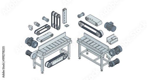Isometric illustration showcases disassembled conveyor belt components, neatly arranged against a plain white background, highlighting the mechanical engineering design with precision