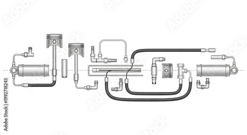 A detailed line drawing showcases a complex hydraulic system with pistons and cylinders connected by tubing, rendered in a minimalist style against a stark white background, highlighting